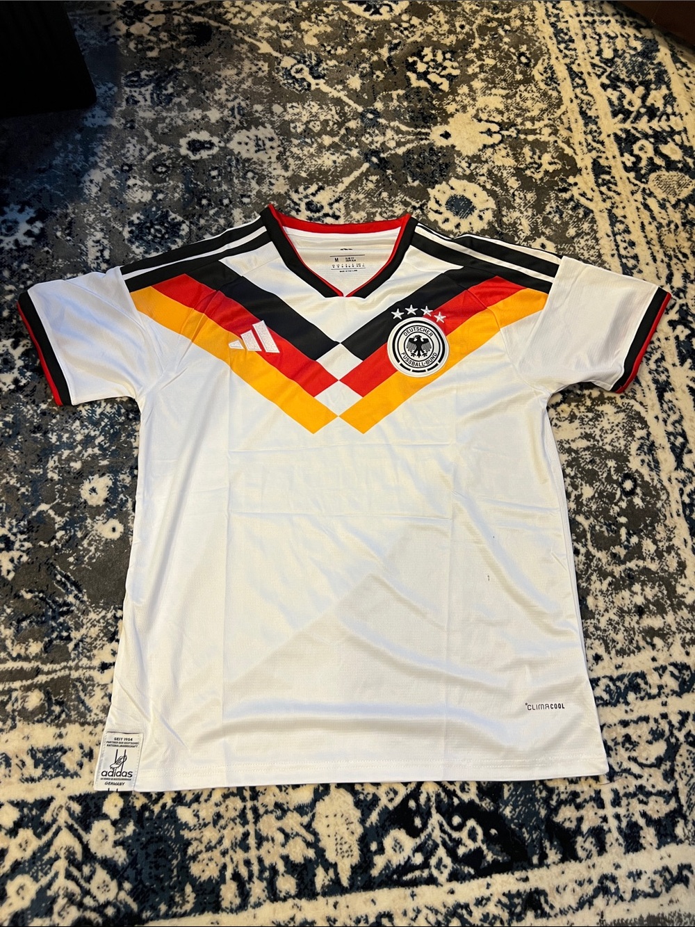 adidas White Germany Kids Football Jersey with Black, Red & Yellow Chevron